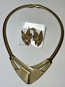 Vintage Trifari Enamel/Gold Omega Chain Necklace + C.Mient Pierced Earrings Lot - Picture 1 of 9