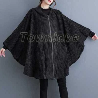 Womens Jacket Corduroy Hooded Cape Poncho Wrap Shawl Cloak Loose Casual Coat Foto 1 de 4