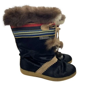 Tecnica Boots Womens US 7.5 EUR 38 Black Tan Goat Fur Apres Ski Vintage Winter - Picture 1 of 8