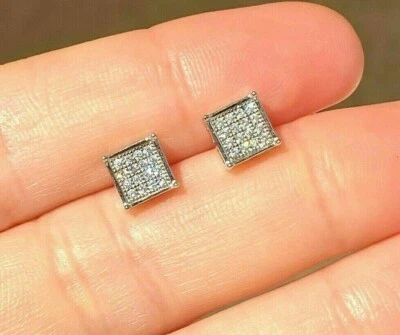 0.16 Ct Round Cut Natural Diamond Cluster Square Stud Earrings White Gold Plated - Image 1 of 4