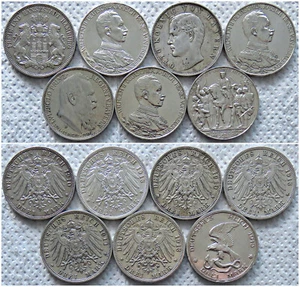 Kaiserreich! 7 Stück 3 Mark Hamburg, Bayern, Preussen (Silber) 1910 - 1913 - Bild 1 von 3