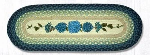 Braided Jute Hand Stenciled Oval Table Runner. Earth Rugs. BLUE HYDRANGEA - Picture 1 of 1