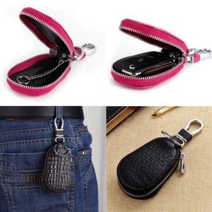 Leather Car Key Case Universal Key Fob Holder Bag with Key Chain Metal Hook USA - Picture 1 of 20