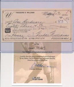 Ted Williams Check Autograph Theodore Williams Signed COA by Claudia Williams - Picture 1 of 2
