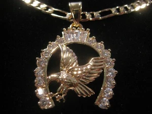 PENDANT EAGLE Horseshoe/Medal w stones Lg,14k GP Medalla DE AGUILA LAMINADA Lg - Picture 1 of 4