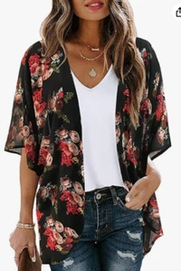 Cover Up Women's Floral Print Puff Sleeve Kimono Cardigan Loose Blouse Size L - Picture 1 of 3