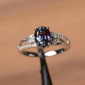 Oval Cut 2.00 Ct Color Changing Alexandrite Ring, 14K solid White Gold Ring - Picture 1 of 6