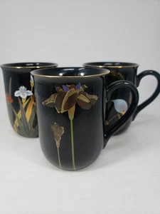 Otagiri Coffee Mugs Japan Vintage 1980s Golden Iris Calla Lily Black Gold Trim - Picture 1 of 24