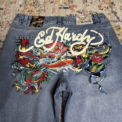 Ed Hardy Mens Baggy Leg Jeans NEW Sz 32*x32 Snake Koi Multicolor Graphic Y2K - Image 1 of 4
