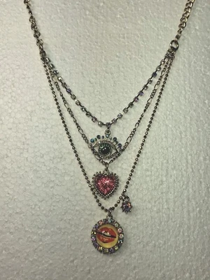 Betsey Johnson Women's The Eyes Have It! Three Row Eye Heart Lips Necklace Multi - Image 1 of 4