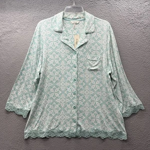 NUEVO CON ETIQUETAS Camisa para Dormir Soma Manga 3/4 PJ Top Desplazamiento Verde Blanco Encaje Detalles Bolsillo XL - Imagen 1 de 13
