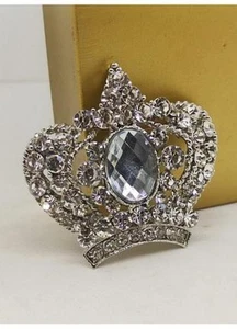 Clear Crystal Silver Rhinestone Crown Brooch Pin - Picture 1 of 5