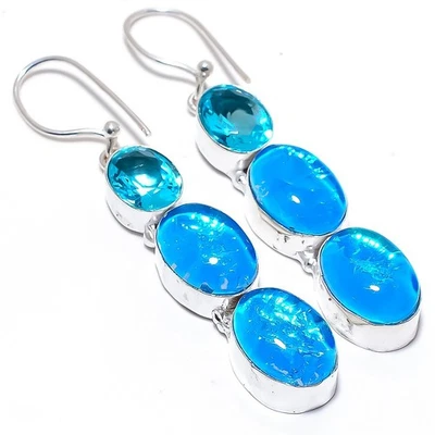 Triplet Fire Opal, Blue Topaz Gemstone 925 Sterling Silver Jewelry Earring 2.6" - Image 1 of 4