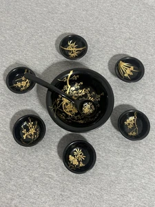 Vintage Japanese Lacquerware Sushi Serving Set 7pc Bowl Ladle Plates Floral Japa - Picture 1 of 21