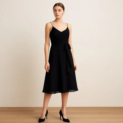 Ann Taylor Silk Black Cocktail Dress Sz 4 Spaghetti Strap Ruched Tie Waist NWT - Image 1 of 4