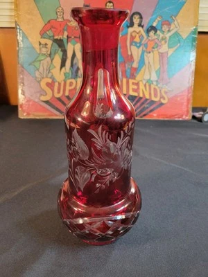 1900s Ruby Red Cut Bohemian Beside Carafe Decanter with Missing Stopper - Image 1 of 4
