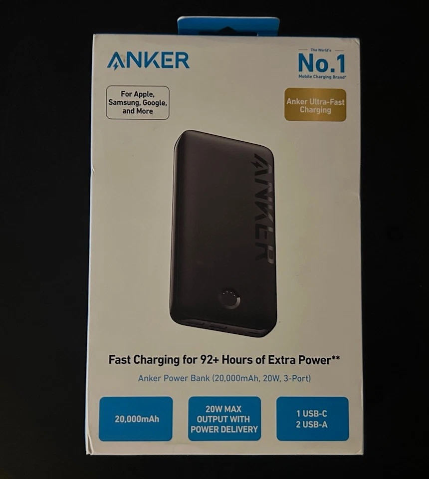 Anker - Portable Charger /Power Bank (20000mAh, 20W, 3-Port) - Black  NEW sealed - Image 1 of 1