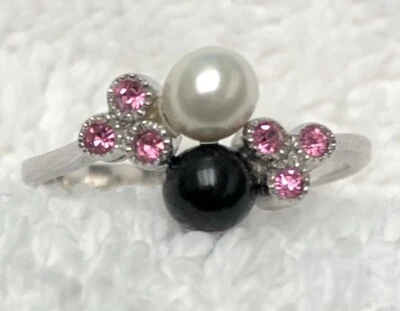 Vintage Silver 925 Ring w/ Black & White Pearls & Pink CZ Accents, sz 6.5 - Image 1 of 4
