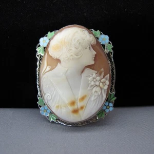 Broche colgante 14KT oro blanco y esmalte concha camafeo dama y flores Lg 16,8 g C664 - Imagen 1 de 9