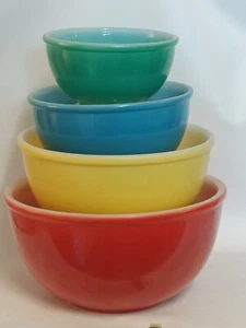 FIRE KING USA 4 Piece Beaded Rim Fired on Primary Colors Nesting Mixing Bowls EC - Picture 1 of 24