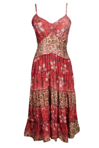 Red Spaghetti Strap Sundress Recycled Silk Summer Printed Flowy Holiday Dress SM
