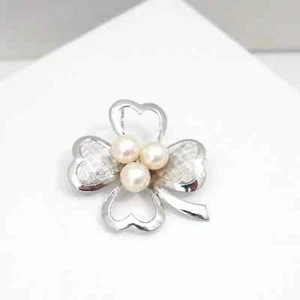 Sterling Silver Flower Pin Brooch w 3 Genuine Pearls Four Leaf Clover Necklace - Picture 1 of 7