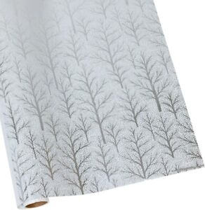 Caspari 6' Continuous Gift Wrap Roll, Winter Trees White & Silver Embossed Foil