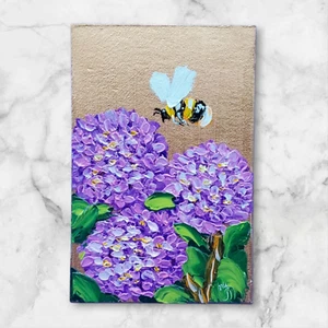 Quadro originale ortensia ape miele fiori bombi arte da parete fatto a mano 4 - Foto 1 di 14