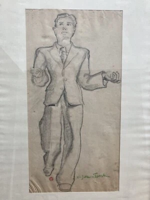 Hermoso traje de hombre con dibujo grande retrato 1950 plomo carbón Suzanne Tourte Foto 1 de 4