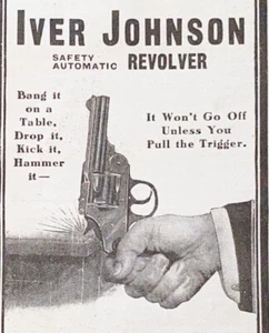 Revólver automático de seguridad Bang it on the Table IVER JOHNSON de colección 1905 anuncio impreso de pistola - Imagen 1 de 2