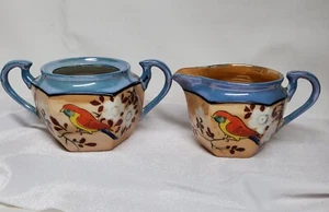 Vintage Blue & Gold Lusterware Sugar Bowl & creamer No Lid Japan Birds Floral - Picture 1 of 12