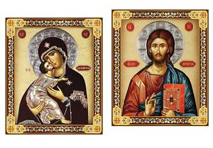 Ensemble icônes orthodoxes byzantines Christ L'Enseignante Vierge de Vladimir feuille d'or 3"
