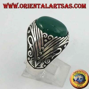 Anillo de Plata 925‰ Ágata Verde Ovalados A Cabujón Grabados Profundas Lateral - Imagen 1 de 2