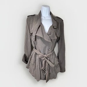 Line & Dot 100% Silk Jacket Drape Trench Utility Gray Medium Lightweight Belt - Picture 1 of 12