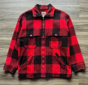Vintage WOOLRICH Red Black Buffalo Plaid 124 Mackinaw Hunting Jacket Sz Large - Picture 1 of 4
