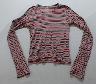 Hollister Women's Long Sleeve Cotton Striped Ribbed T-Shirt AC2 Pink Small - Image 1 of 4