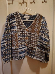 Suéter Tangibles Mujer Grande Azul Marrón Mezcla de Lana Cárdigan Patchwork Boho - Imagen 1 de 4