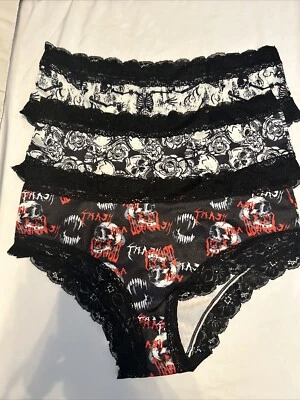 Morvia 3pk lace trim goth Emo Punk panties M skull, floral, Skelton Lingerie Set - Image 1 of 4