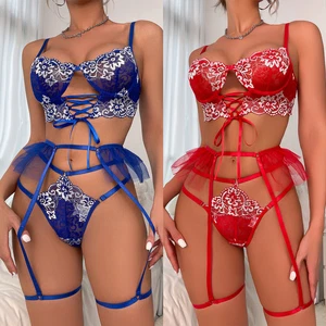 Womens Lace Bra&Panty Babydoll Underwear Floral Teddy Lingerie Set with Garter - Picture 1 of 18