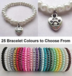 Glass Pearl Bead Bracelet with Silver Love Heart Dog Paw Charm - 25 Colours - Picture 1 of 8