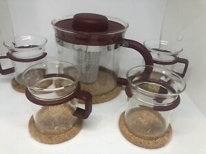 GENUINE BODUM TEA INFUSER JUG AND 4 TEACUPS ALL WITH CORK COASTERS  NEW COND