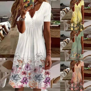 Damen V-Ausschnitt Sommerkleid Festtagskleid A-Linie Midikleid Strandkleid Freizeit - Bild 1 von 19