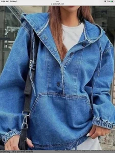Women's Half Button Drawstring Hem Hooded Denim Jacket sz lg NWT $88 R - Picture 1 of 6