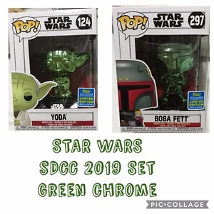 Star Wars Green Chrome Yoda #124 Boba Fett #297 Funko Pop SdCc 2019 Limited Ed - Picture 1 of 9