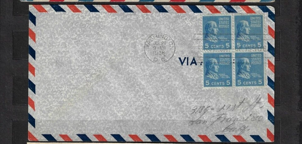 US  SC# 810  BLOCK OF 4   FDC RARE  1939 USED   AIR MAIL COVER - Image 1 of 1