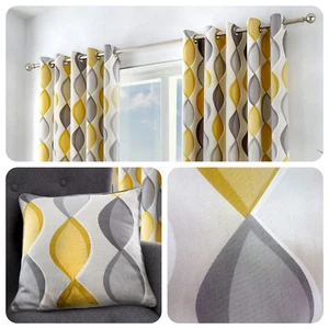 Fusion LENNOX Grey & Yellow 100% Cotton Ready Made Eyelet Curtains & Cushions - Picture 1 of 24