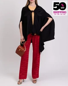 RRP €1340 ROLAND MOURET Silk Hammered Satin Cape Size M Black Fringes Tie Neck - Picture 1 of 8