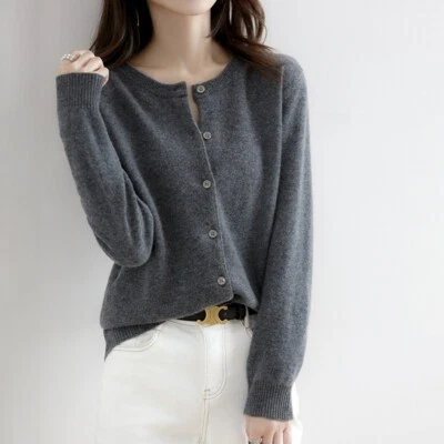Women's Sweater Cardigan Solid Color Cashmere Blend Simple Crew Neck Jacket Coat - Image 1 of 4