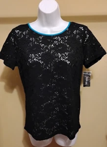 NWT$49 Style&co Women's Black Floral Lace Short Sleeve Top Shirt Blouse Sz: PM - Picture 1 of 2