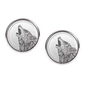 Mylery Stud Earrings Pair With Motif Wolf Moon Howl Drawing Silver Various G - Picture 1 of 6